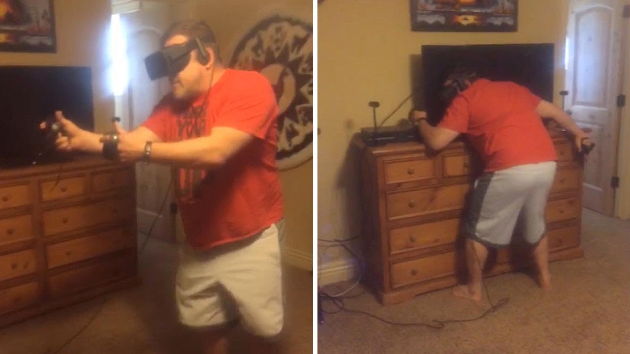 Dad Playing VR Falls Into TV - YouTube