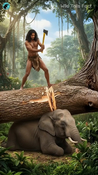 tarzan rescue the elephant from giant tree log #shorts #funny #animals #elephant #tarzan