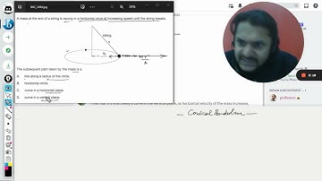 A mass at the end of a string is moving in a horizontal circle at increasing speed until the string