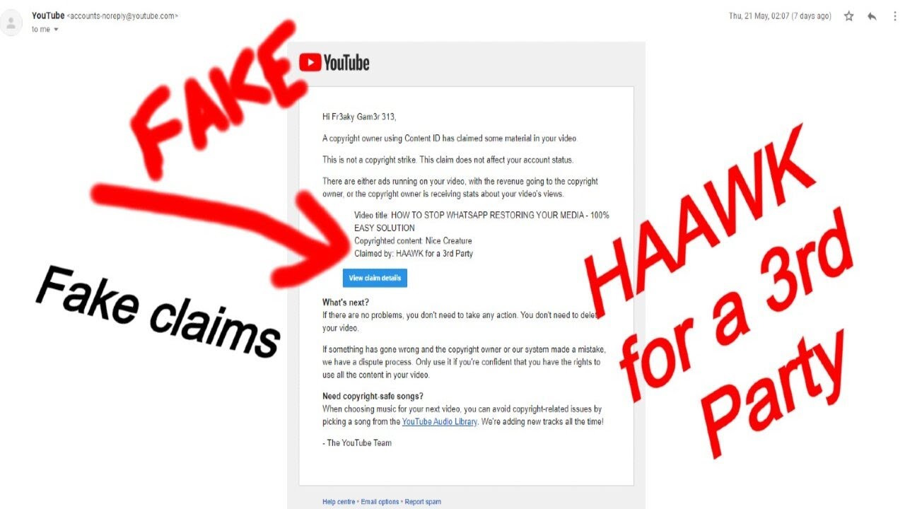 Copyright claim from HAAWK for a 3rd Party   How to fight against false claims in Youtube