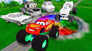 Giant Colored Paint Pits Vs Huge & Tiny Lightning McQueen From PIXAR CARS! BeamNG Drive