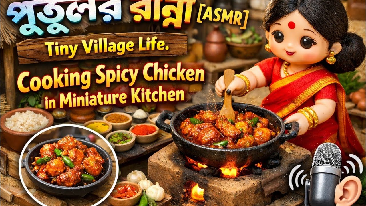 পুতুলের রান্না [ASMR] Tiny Village Life: Cooking Spicy Chicken in Miniature Kitchen