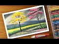 Landscape drawing with oil pastel- Nature- Trees- Cherry blossom- Pathway-step by step