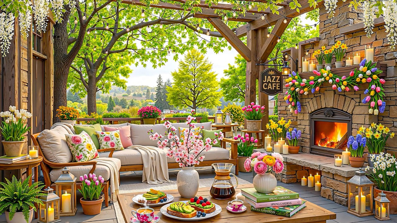 Spring Morning Jazz 🌺 Cozy Spring Fireplace Ambience 🔥 Soft Jazz for ...