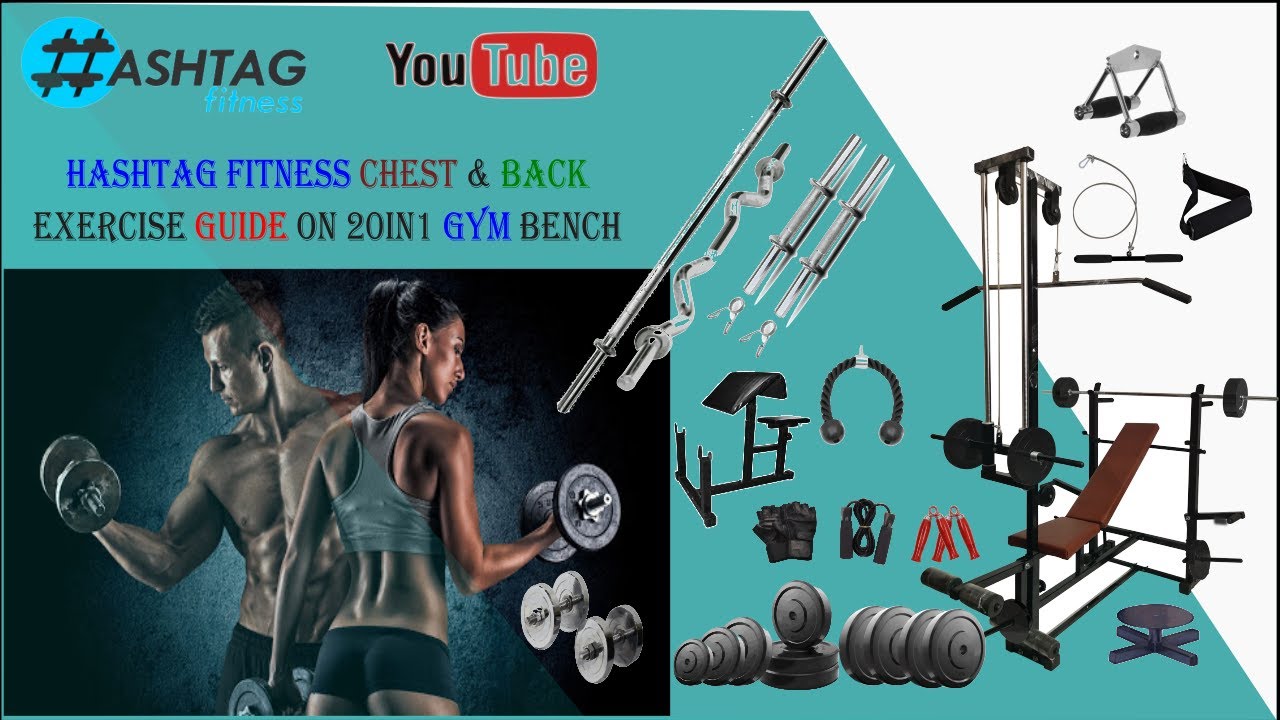 HASHTAG FITNESS  20in1 Gym Bench Exercises Guide Chest & Back Workout Day1  and Day2 