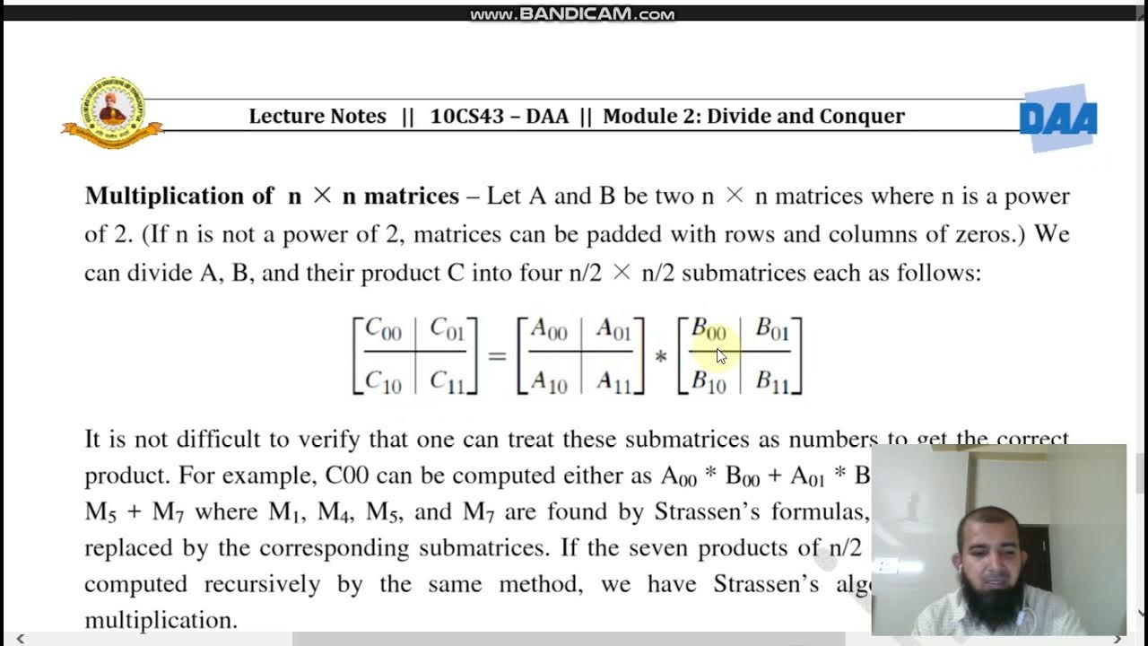 Strassen's Matrix Multiplication - Example - Analysis - YouTube