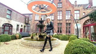 4k Granate Travelling in historic hotel, #Brugge, #Belgium, miniskirt, thigh high boots