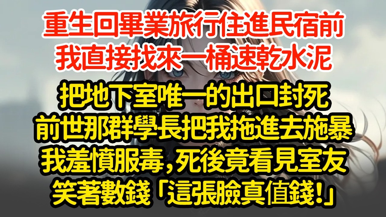 重生回畢業旅行住進民宿前，我直接找來一桶速乾水泥，把地下室唯一的出口封死！前世那群學長把我拖進去施暴我羞憤服毒，死後竟看見室友在旁邊數錢「這張臉真值錢！」