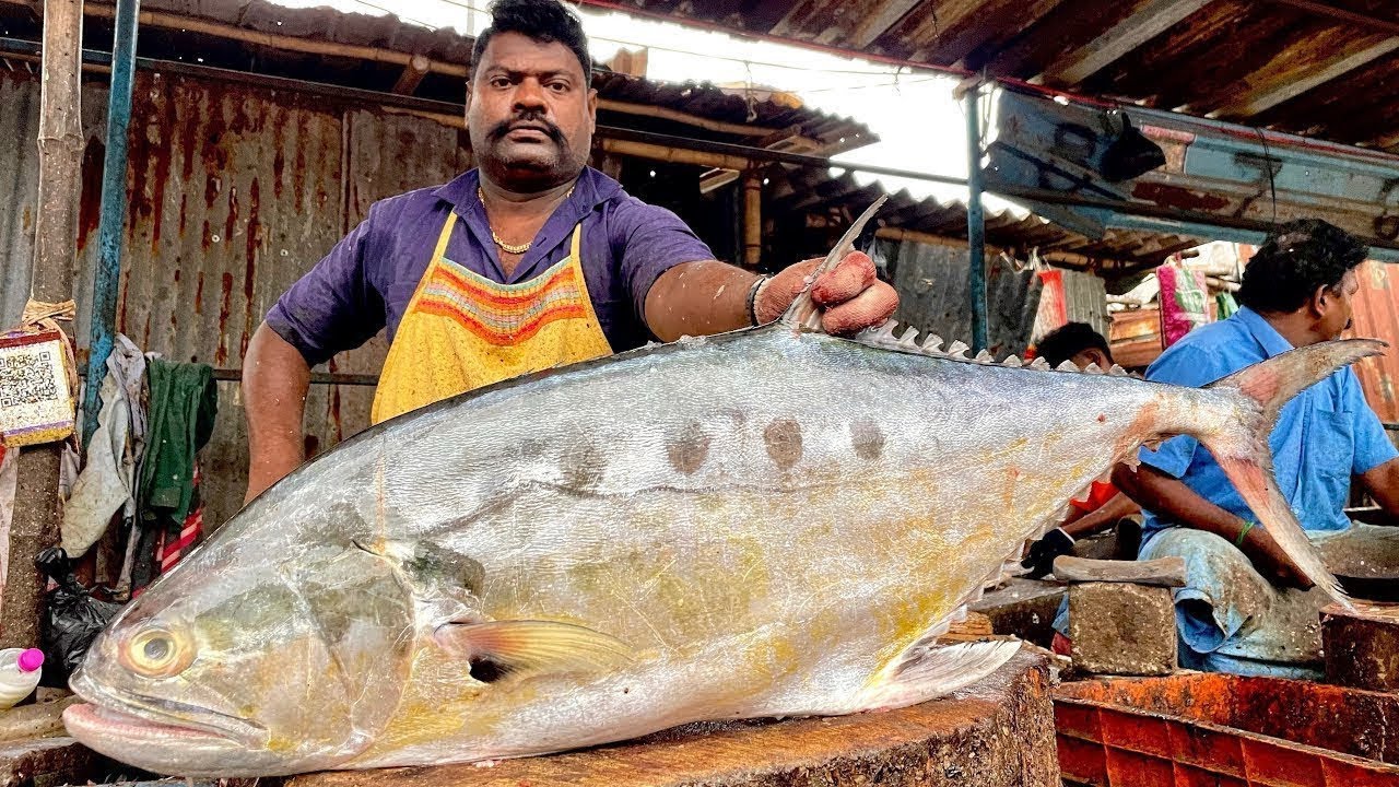 KASIMEDU🔥SPEED SELVAM QUEEN TREVALLY CUTTING🔥IN KASIMEDU FISH CUTTING 🔥