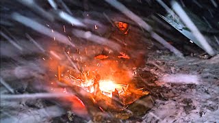 SNOW STORM Camping in the Appalachian Mountains SOLO Cooking Venison on a hot rock