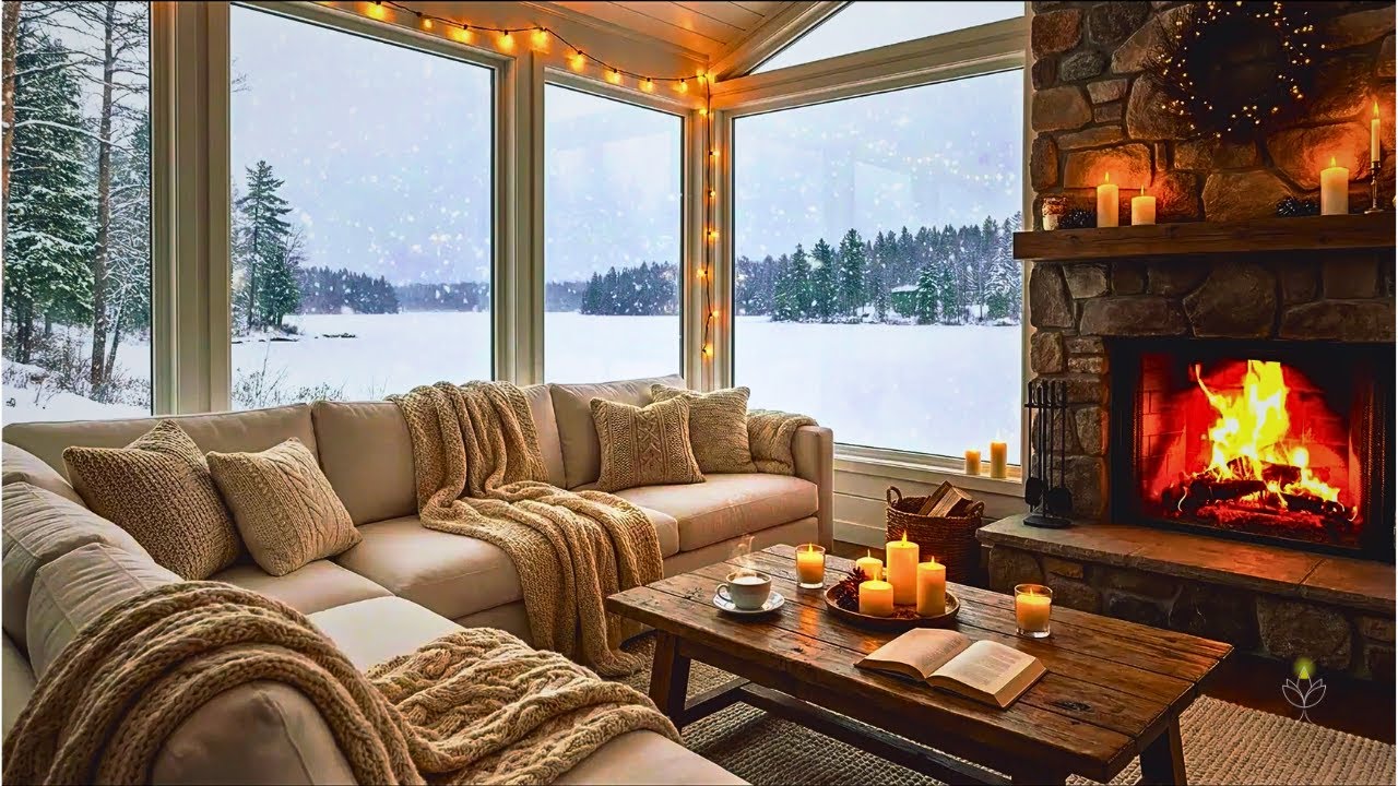 Crackling Fire & Calm Piano ❄️ Peaceful Winter Evening for Stress Relief and Focus