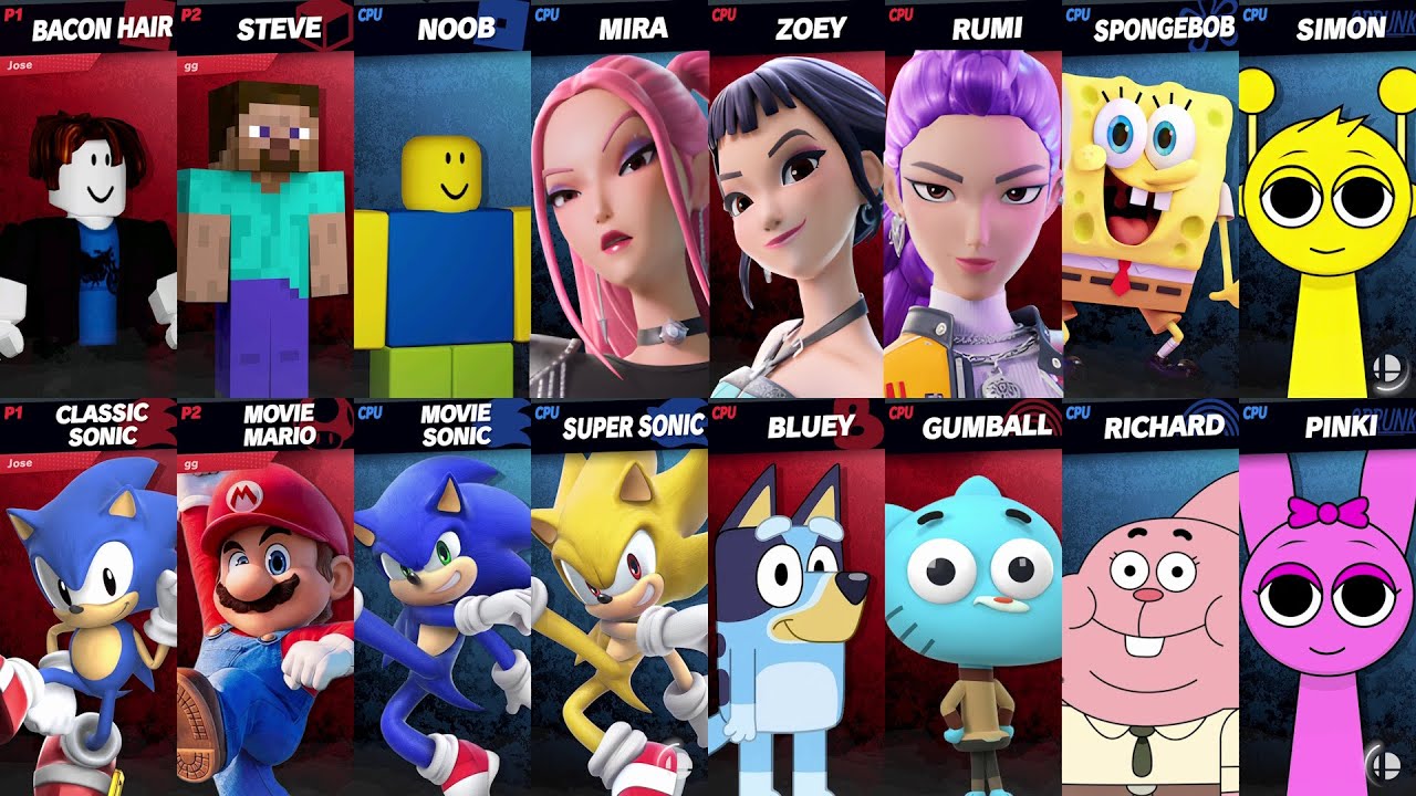 Sonic vs Mario vs Bluey vs KPop Demon Hunters vs Roblox vs Minecraft | Super Smash Bros Ultimate