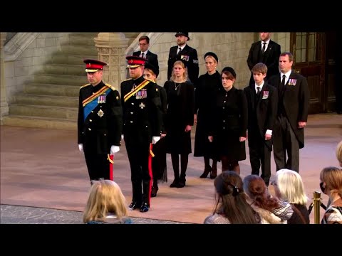 Queen's 8 grandchildren hold silent vigil beside her coffin