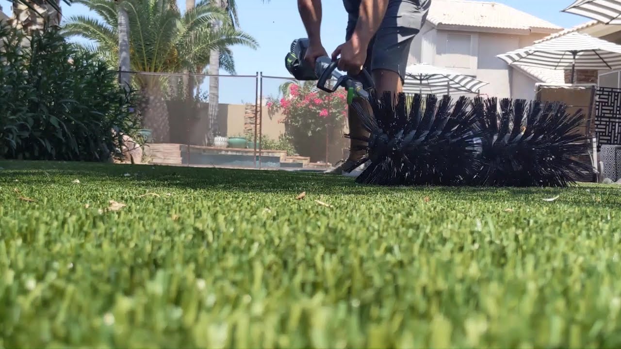 Our powered turf brush gets all the dog hair out of your turf to help