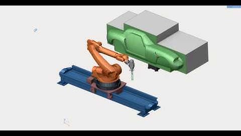 Car body milling simulation. KUKA KR210L150 on a linear track with turning table