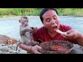 survival in the rainforest-Found pleurotus eryngii with big fish & cooking -Eating delicious HD