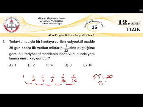 12.Sınıf MEB Okul Kursu Fizik K.K.Testi 16 (Atom Fiziğine Giriş Ve Radyoaktivite-6)