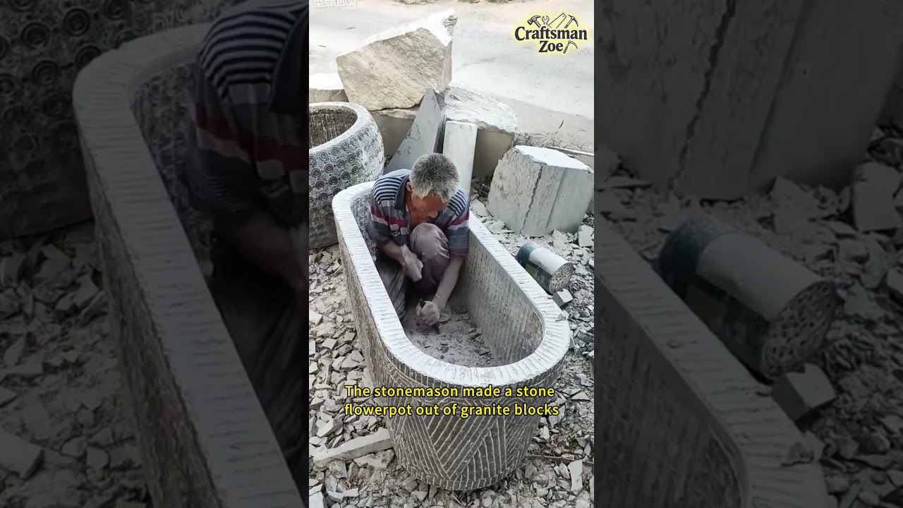 The stonemason made a stone flowerpot out of granite blocks