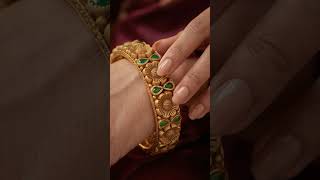 Floral Gold Bangle with Green Accents | Timeless Elegance! #bangles #greenstone #goldjewellery #gold