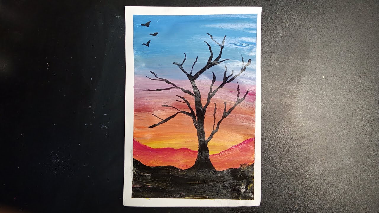 Easy Acrylic Sunset Painting with Tree | Beginners Tutorial