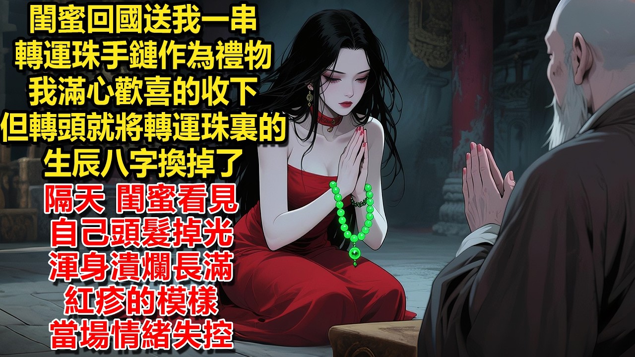 閨蜜回國送我一串轉運珠手鏈作為禮物，我滿心歡喜的收下，但轉頭就將轉運珠裏的生辰八字換掉了，隔天，閨蜜看見自己頭髮掉光，渾身潰爛長滿紅疹的模樣，當場情緒失控