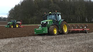Ploughing & Drilling Barley with two John Deere 6215Rs