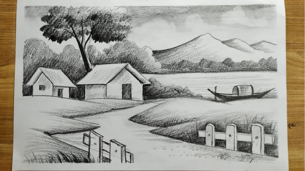 easy pencil sketch scenery drawing step by step for beginners,how to dra...  | Landscape drawing tutorial, Village scene drawing, Nature art drawings