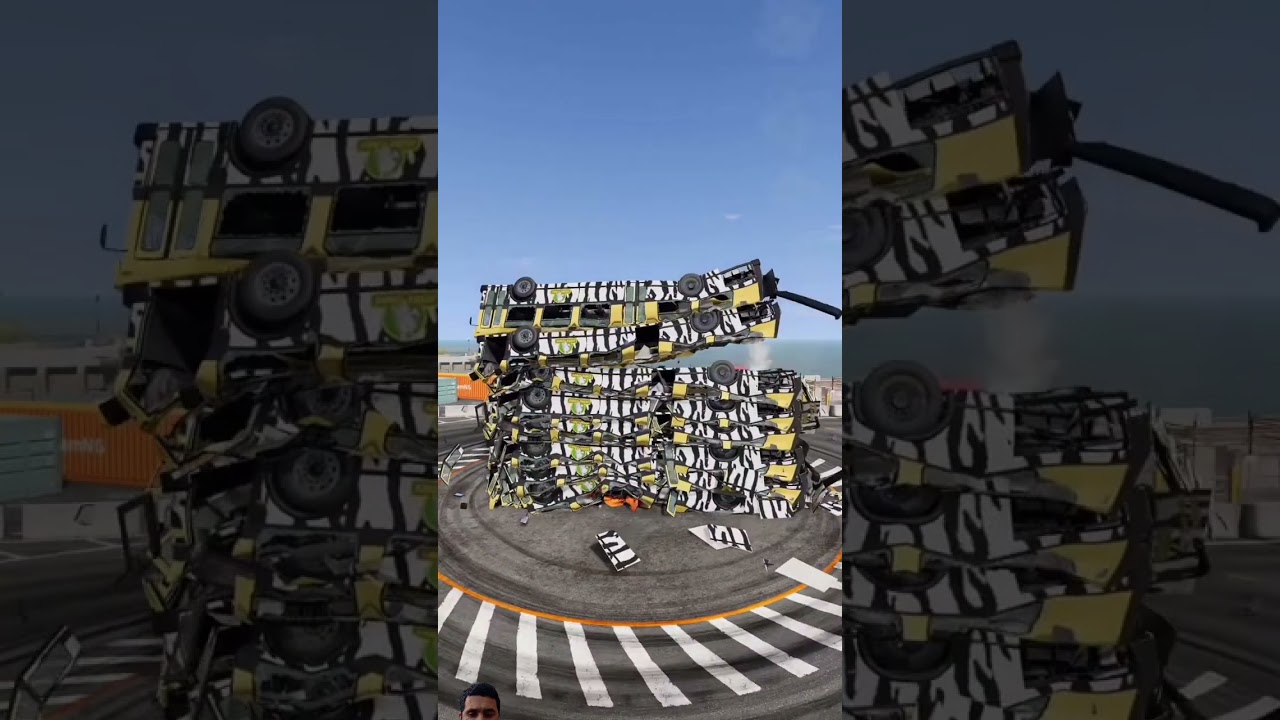 Mixed Colorful Buses Tower Fall Crash 