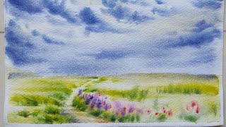 How to Paint Dramatic Watercolor Clouds & Field | Easy Step by Step Tutorial