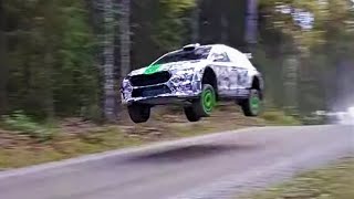 Emil Lindholm and New Skoda Rally2 2022 43m jump Rally Finland test