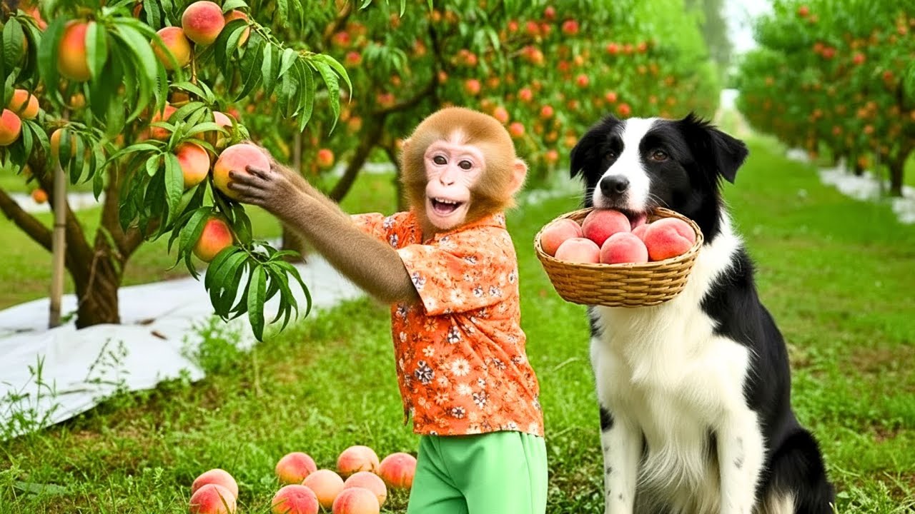 Peach Harvest Fun! 🍑 Baby Monkey CoCo & Kiki the Dog Pick Fresh Peaches Together