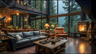 Relaxing Jazz Music  Rainy Day Serenity in a Cozy Forest Retreat with Gentle Rain,Fireplace Sounds