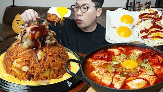 ASMR MUKBANGㅣPork belly kimchi fried rice & soft tofu stewㅣEATING SHOW