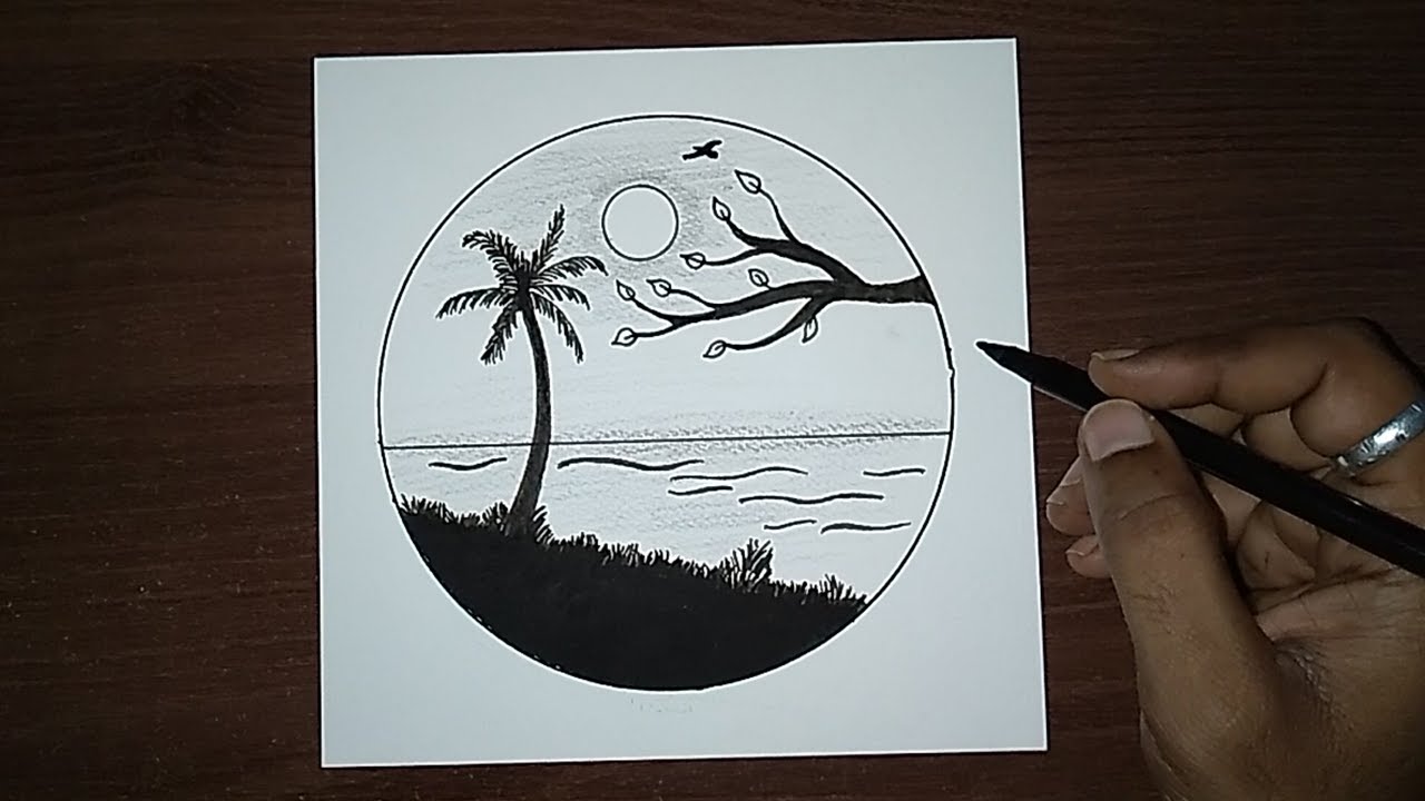 Sunset scenery drawing | Easy Circle Scenery Drawing | Pencil Drawing ...