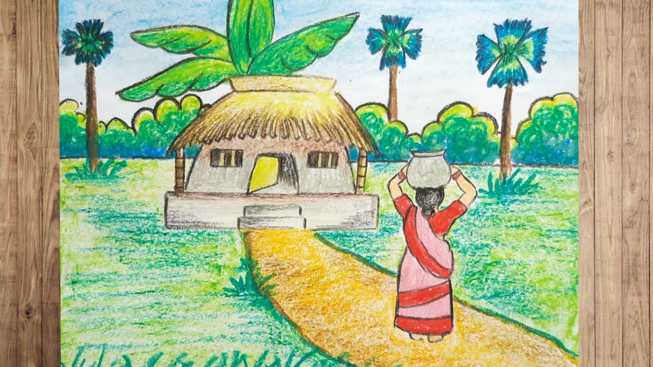 How to draw a village scenery step by step / Village women drawing easy ...
