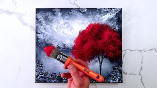 Red Tree | Black and White Landscape | Easy Painting for Beginners | Abstract | Acrylics