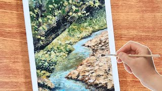 How to Paint a Deep Forest River Stream Landscape I Acrylic Painting for Beginners