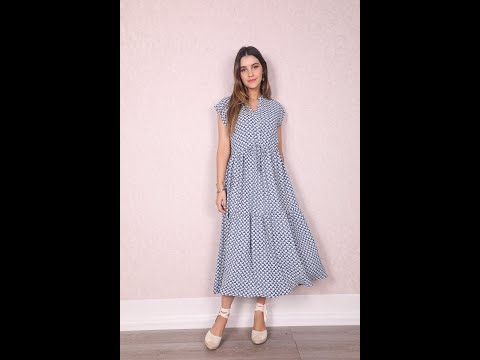 [虹銨歐洲時尚] 巴黎SARAH JOHN-藍白色印花V領短袖洋裝