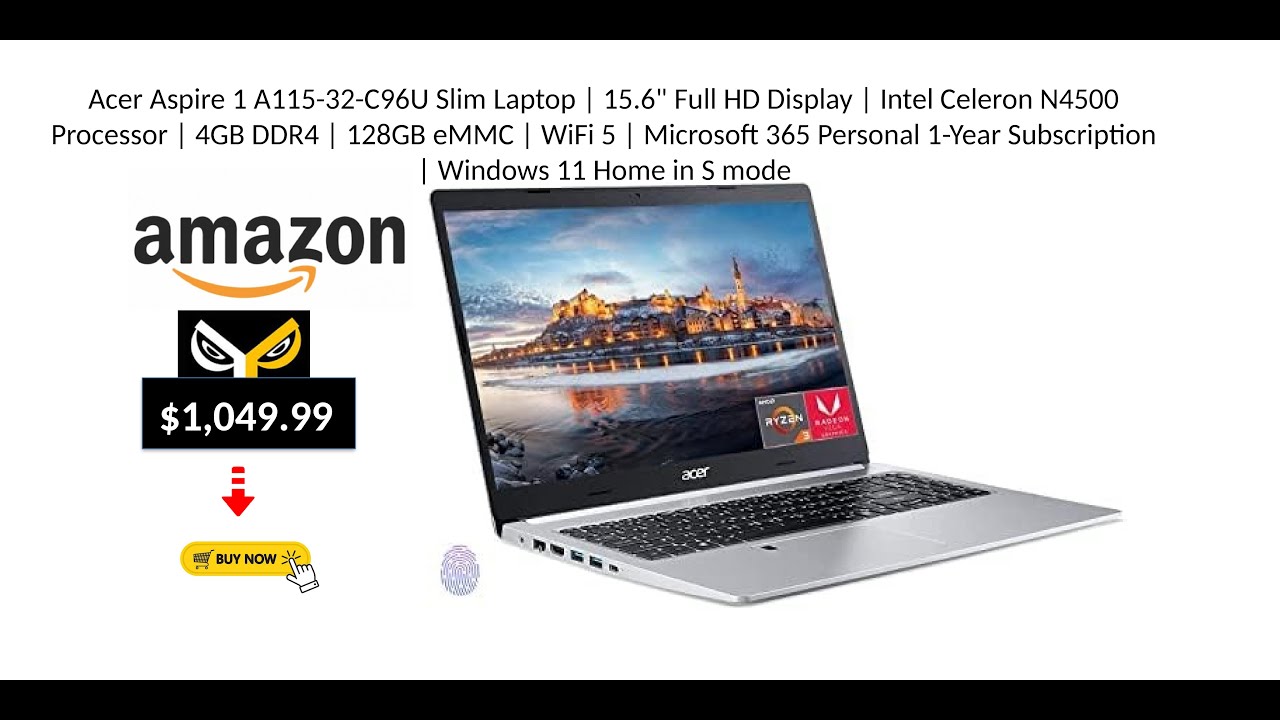 Acer Aspire 1 A11532C96U Slim Laptop  156 Full HD Display  Intel Celeron N4500 Processor  4GB DDR4
