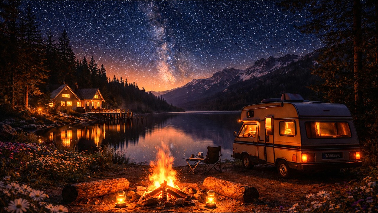 Deep Sleep Lake View CAMPFIRE with Camper Van , Valley , Stress Relief, Milkyway , Meditation - ASMR