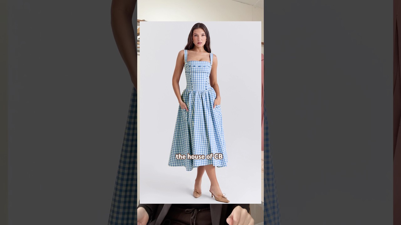 house of cb blue gingham dress 'Chiarina' Light Blue Gingham Stretch Cotton Midi Dress
