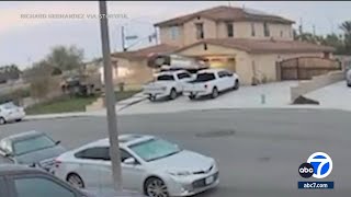 Video shows car go airborne before crashing into Jurupa Valley garage