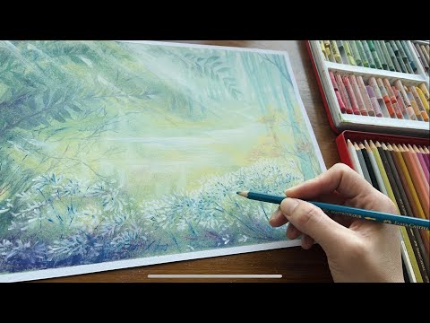 如何畫透光感森林｜高質感的粉臘筆VS 色鉛筆畫技巧 油粉彩 油畫棒 | Oil Pastel Tips