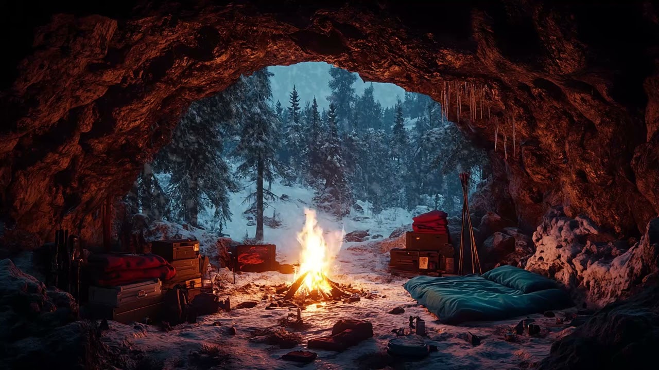 Quiet Winter Cave Cabin at Dusk ❄️ | Cozy Fire Warmth for Calm Thoughts and Gentle Sleep