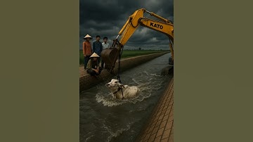 Brave Farmers Use Excavator to Rescue Cow from Flooded Canal! #humanity #cow #rescue  #animals