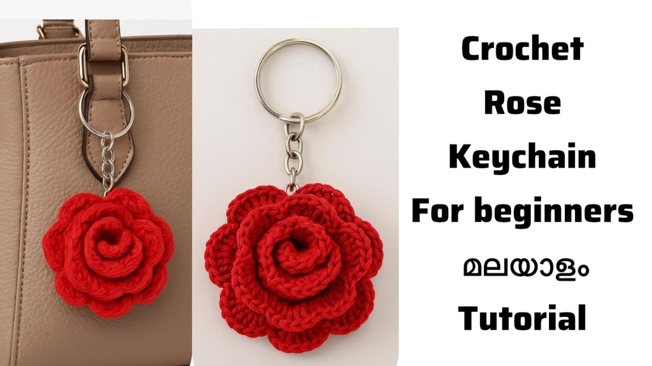  Crochet rose keychain or bag charm for beginners Malayalam tutorial @babyscrocheting4132 