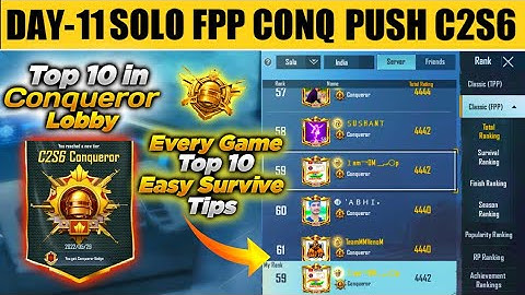 DAY-11 Solo fpp Conqueror rank push C2S6 | Solo fpp Conqueror tips | How to get top 10 on ace lobby.
