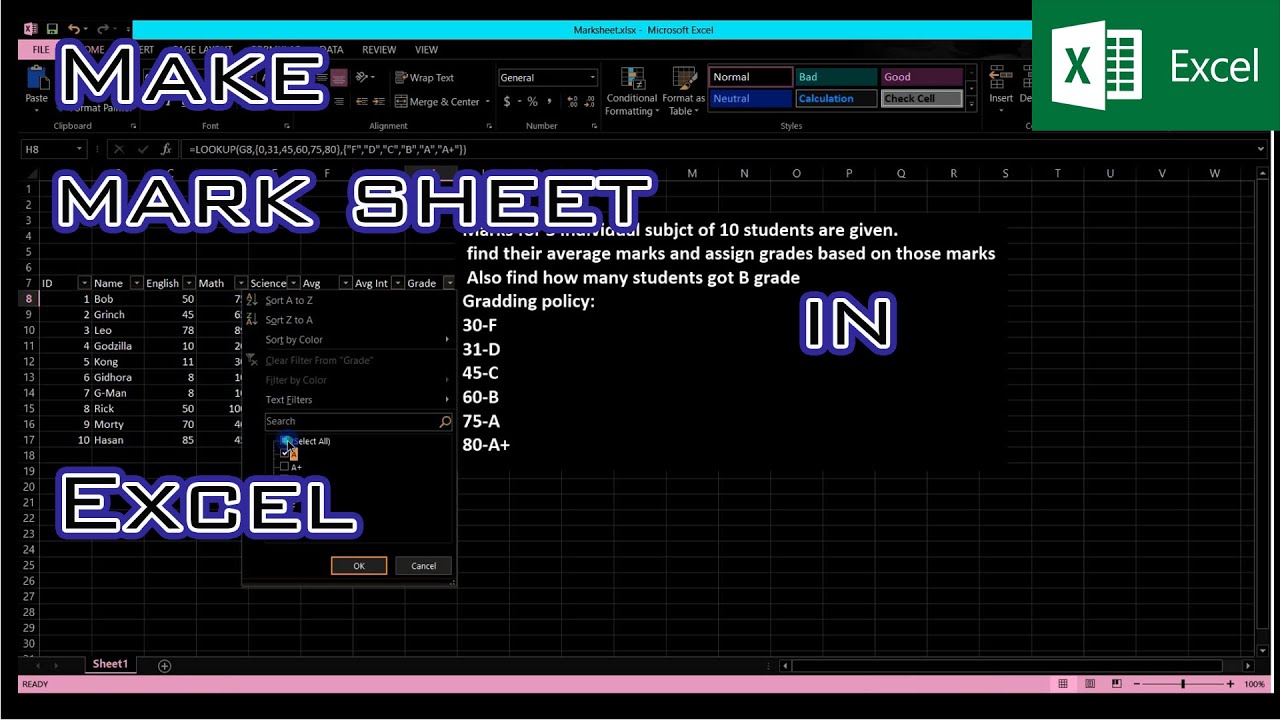 Microsoft Excel Tutorial [9]- Making a marksheet - YouTube
