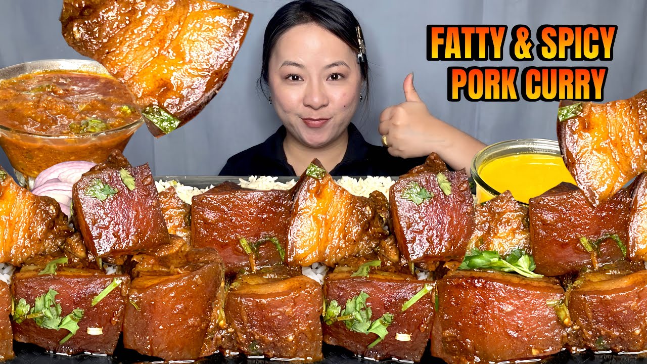 EATING SPICY AND FATTY PORK CURRY WITH RICE & ALU DUM. PORK FRY, DAAL! PORK MUKBANG! #mukbang #pork 