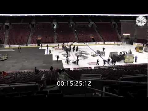 wells fargo center flyers sixers changeover youtube how do the flyers get the wood floor off after the 76ers play basketball wells forge
